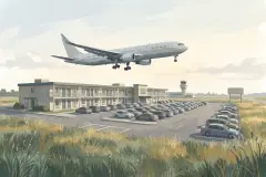 Illustration à la gouache d'un avion en approche au-dessus d'un hôtel bas et d'un stationnement