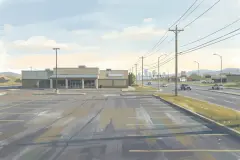 Illustration à la gouache d'une large artère et d'un stationnement tranquille un matin de semaine