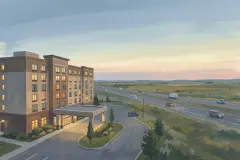 Illustration à la gouache d'un hôtel au bord d'une autoroute dans le sud-est de Calgary, sous un vaste ciel du soir