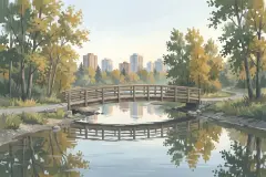 Illustration à la gouache d'une passerelle au-dessus de l'Elbow River près du centre-ville de Calgary, le matin