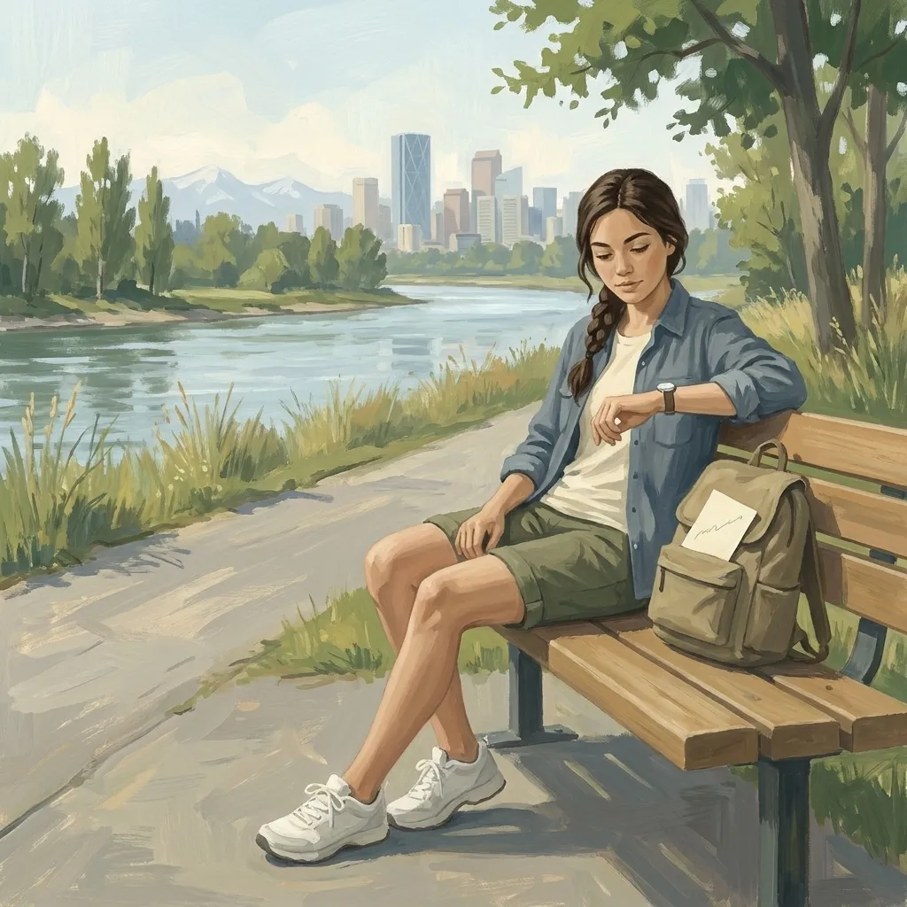 Gouache illustration of a young woman on a park bench by a river path on a calm weekday afternoon