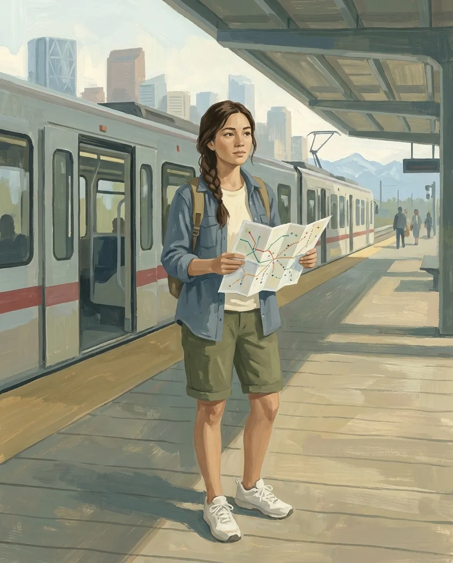 Gouache illustration of a young woman on a light-rail platform checking a folded route map