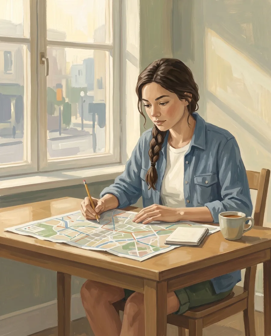 Gouache illustration of a young woman at a desk with a city map and a notebook, planning a route