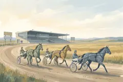 Illustration à la gouache de chevaux de courses attelées sur une piste ovale, avec une tribune dans la prairie