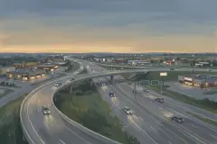 Illustration à la gouache d'un échangeur autoroutier et d'immeubles bas dans le nord-est de Calgary au crépuscule