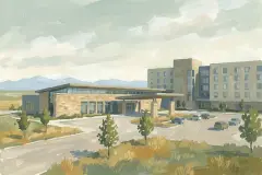 Illustration à la gouache d'un complexe hôtelier moderne et d'un centre d'événements dans la prairie ouverte