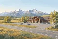 Illustration à la gouache d'un complexe de style chalet au bord d'une route à deux voies dans les contreforts, avec les Rocheuses tout près derrière
