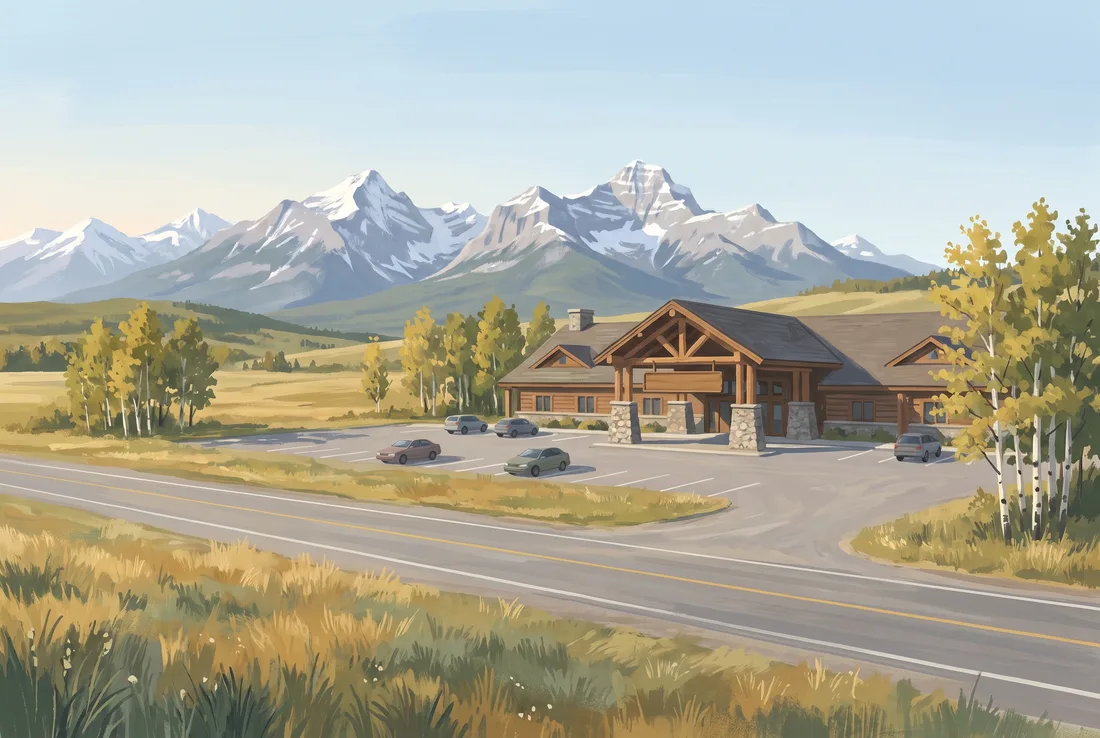 Illustration à la gouache d'un complexe de style chalet au bord d'une route à deux voies dans les contreforts, avec les Rocheuses tout près derrière