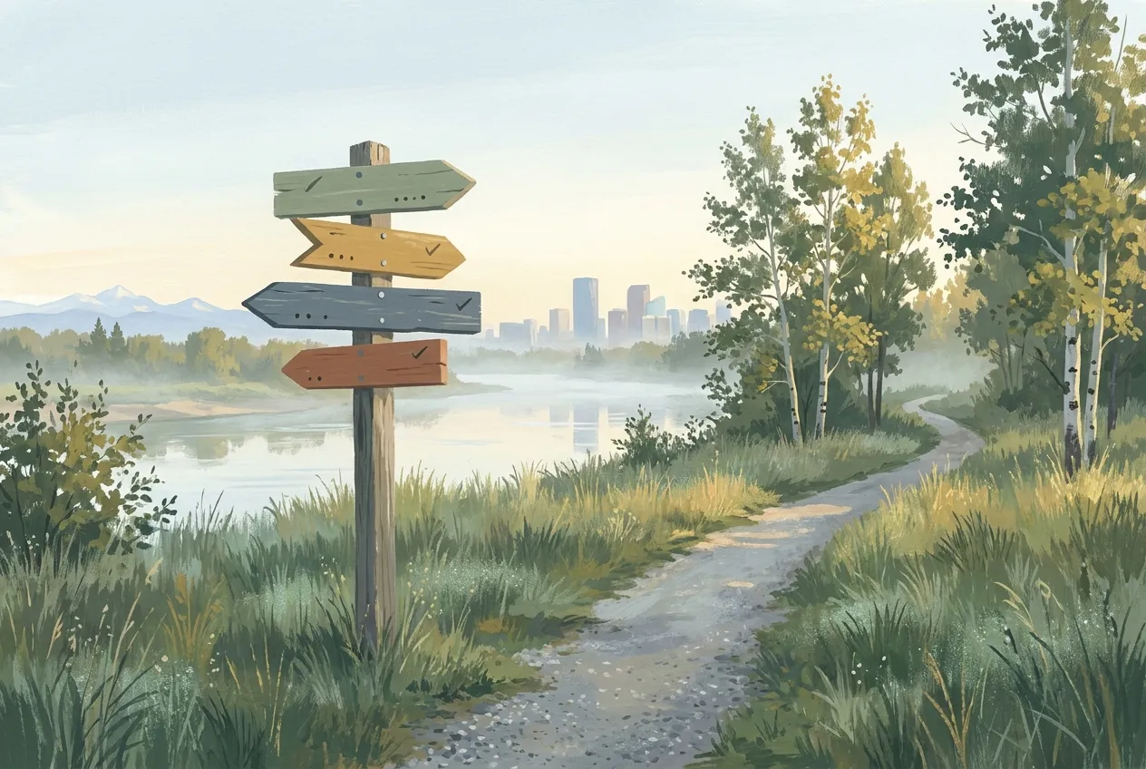 Gouache illustration of a wooden trailhead signpost with coloured arrow boards at the start of a river pathway