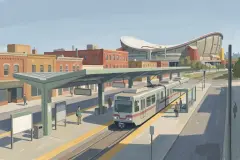 Illustration à la gouache d'une station de train léger dans Victoria Park, avec un toit d'aréna au loin